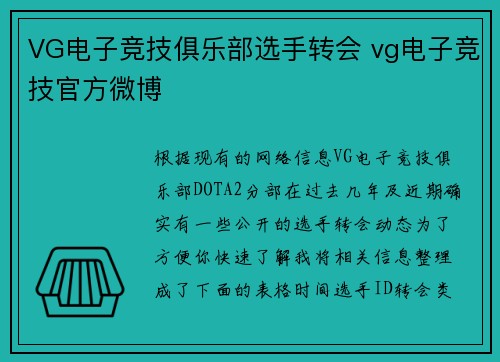 VG电子竞技俱乐部选手转会 vg电子竞技官方微博
